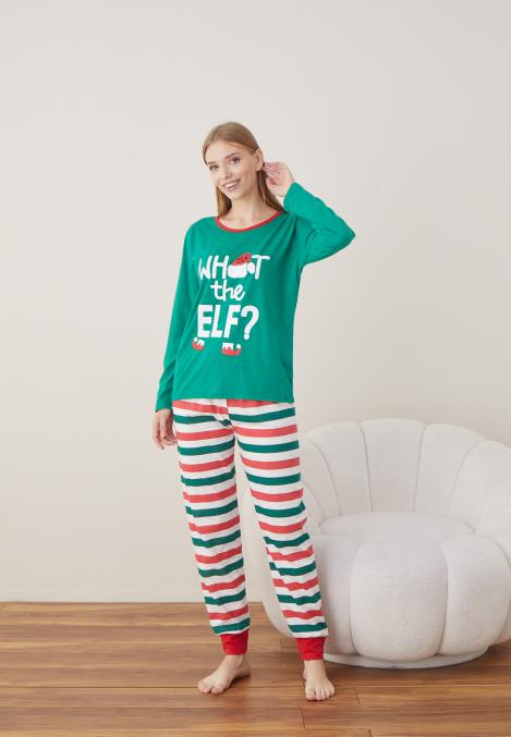 Pijama Dama Craciun "WHAT THE ELF ? " ,maneca lunga ,pantaloni lungi,Engros